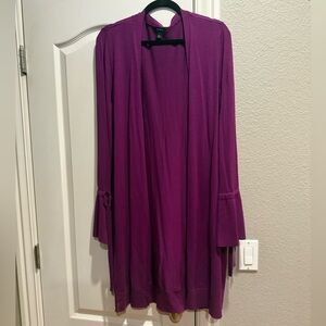 Halogen plum tie bell sleeve open front cardigan